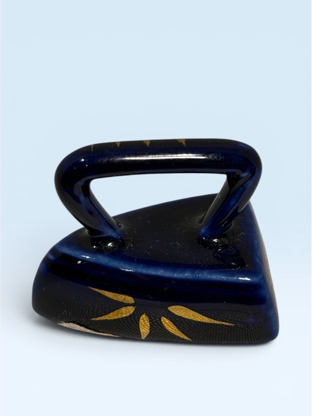 Vintage Enesco Cobalt Blue & Gold Bone China Miniature Sad Clothes Iron